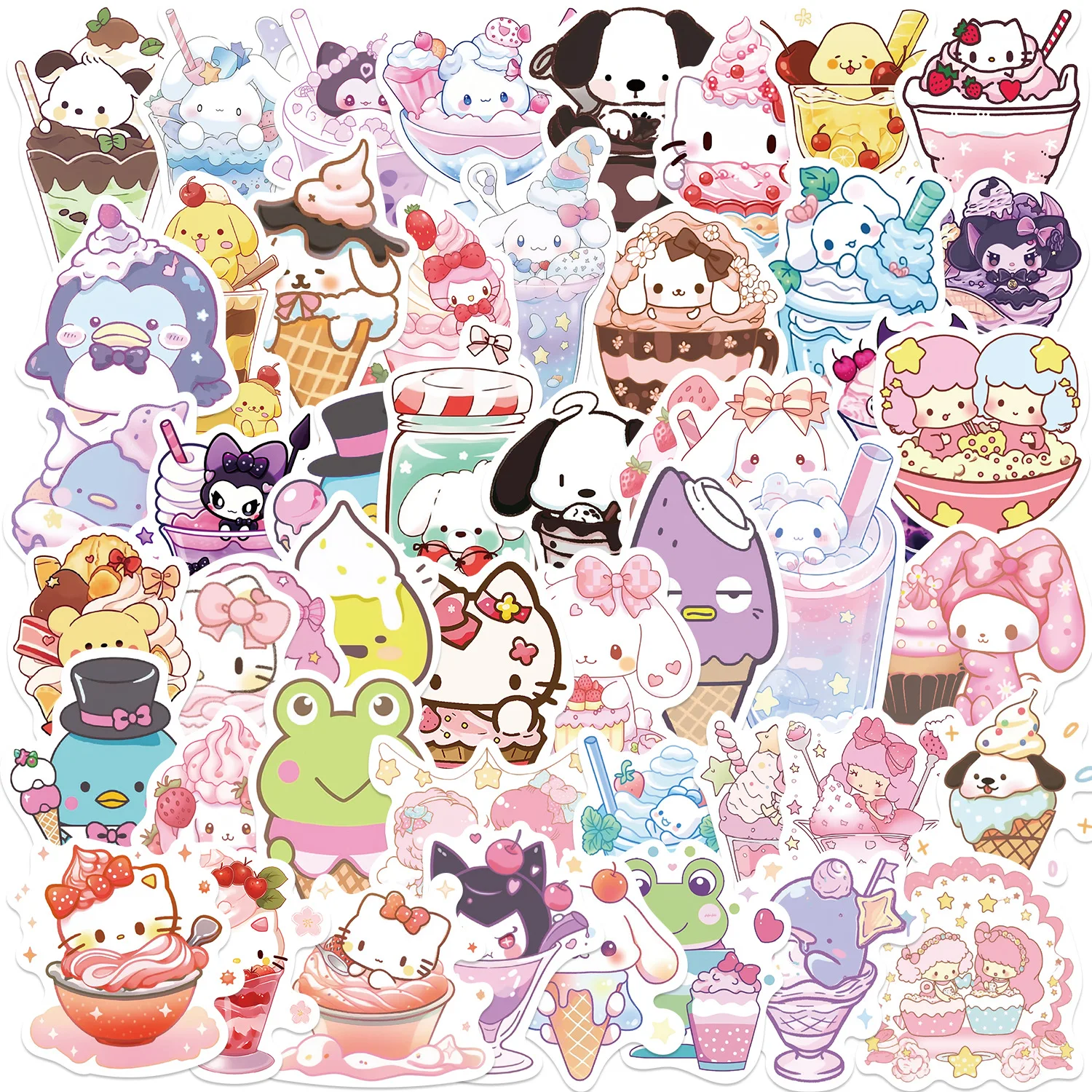 50 Pcs Sanrio Ice Cream Theme Hello Kitty Kuromi Mymelody Cartoon Sticker Phone Case Water Cup Notebook Decoration Toys