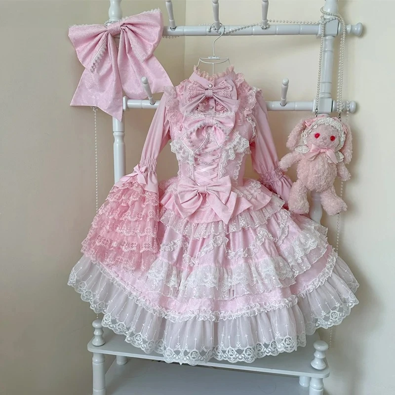 Japanese Style Sweet Lolita Dress Women Cute Lace Ruffles Flower Wedding Bow Dress Vintage Elegant Princess Dress