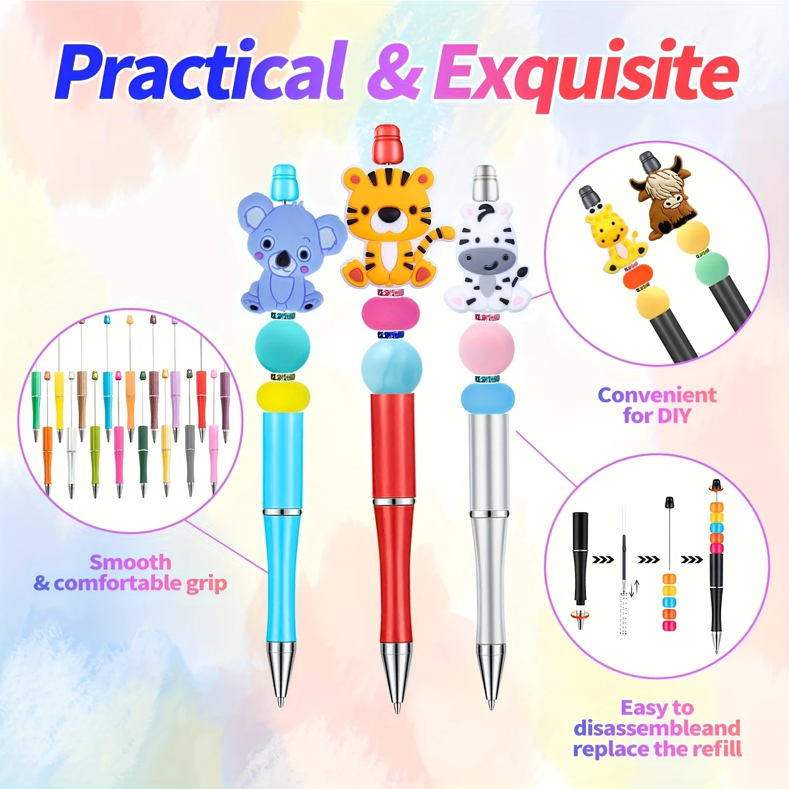 100本のプラスチックビーズペン、リフィル付き、DIYビーズペンキット、オフィス職場用品に最適