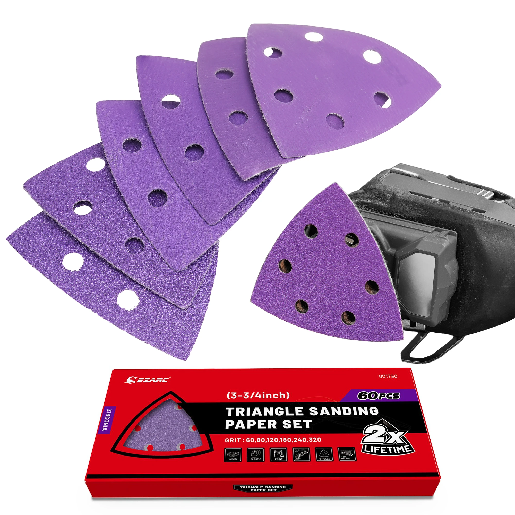 

60pcs Zirconia Triangle Sanding Papers, 60/80/120/180/ 240/320 Grit Multitool Sandpaper for Polish Sanding, 3-3/4'' Sanding Pad