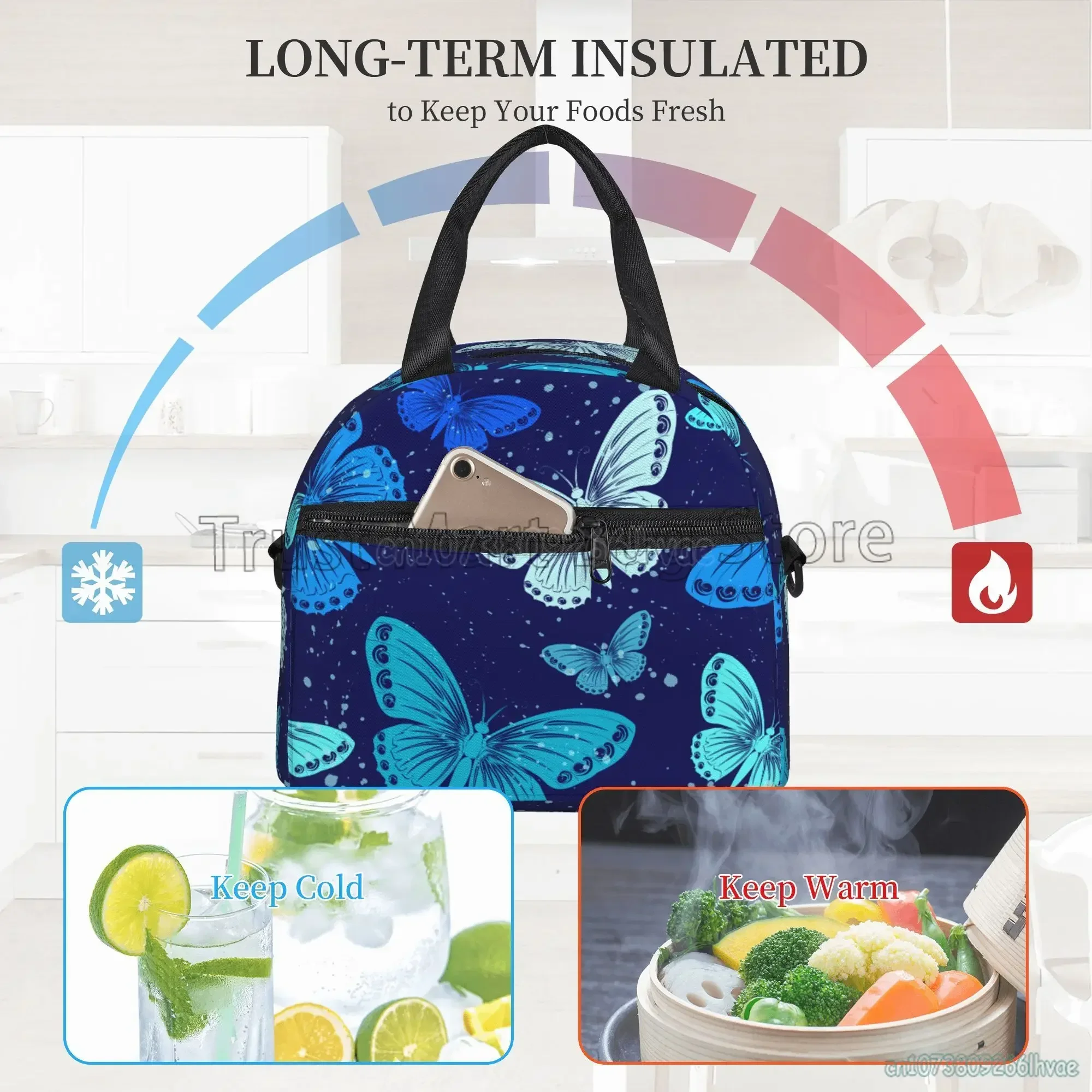 Borsa per il pranzo isolata con farfalle colorate borsa termica riutilizzabile Bento Bag con tracolla per Picnic sul lavoro scolastico delle donne