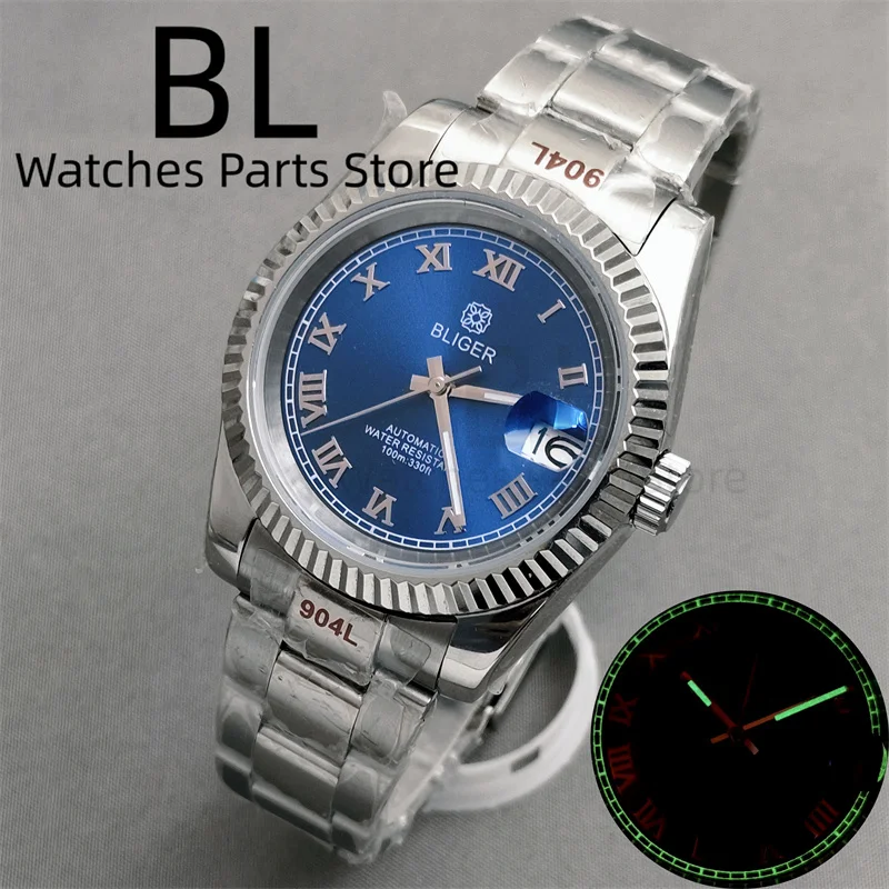 BLIGER 36mm 39mm Sunburst Brown Dial Silver Roman Index Luminous NH35A Automatic Men Watch Stainless Steel Strap Sapphire Glass