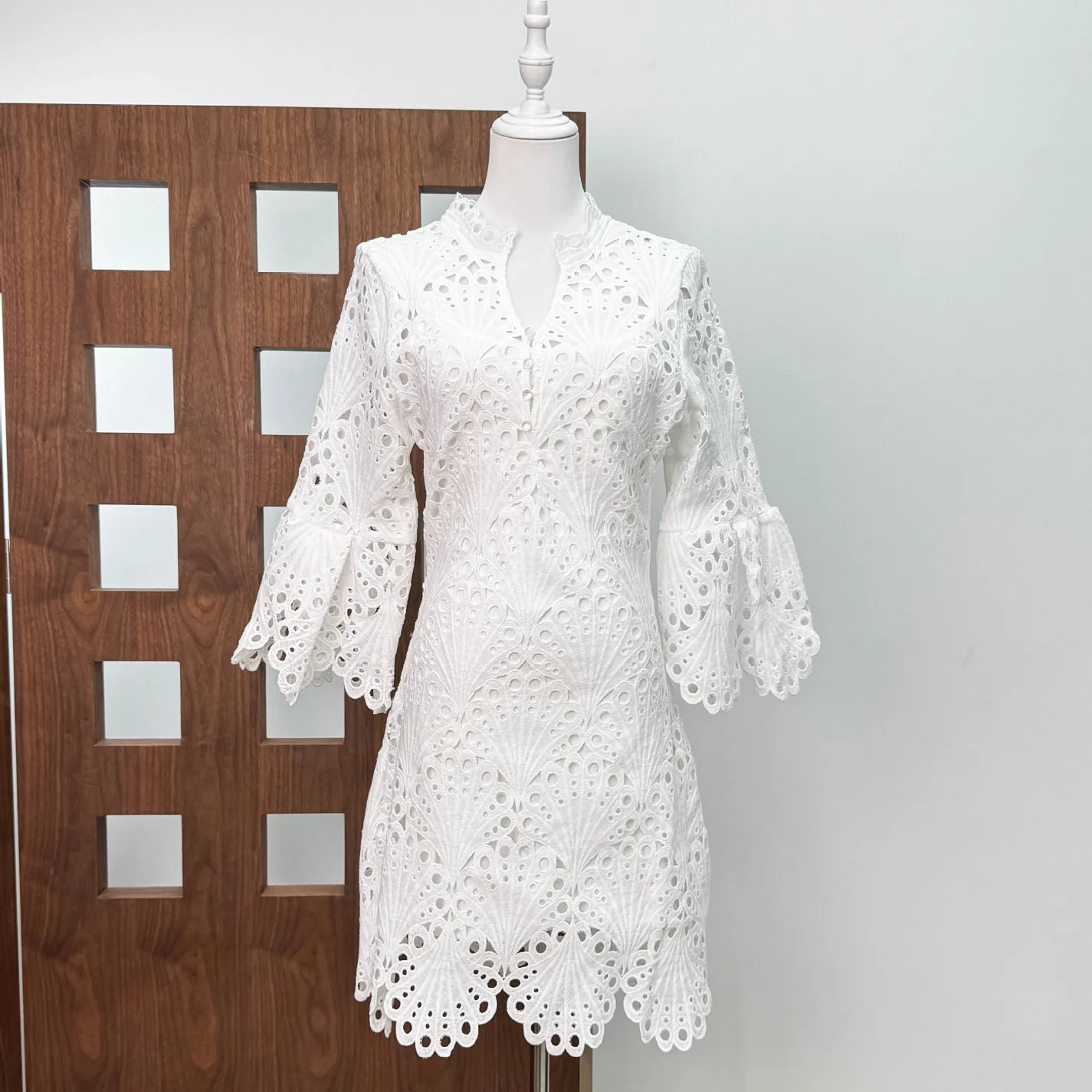 

Ele White Lace Hollow out Trim Dr Luxury Faionable Sle Seven Sve round Ne Chinese Production Spring Autumn Wear