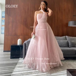 OLOEY Elegant Custom Made Halter Light Pink Evening Dress Arabic Pleats Chiffon Floor Length Wedding Party Prom Dress Zip Back