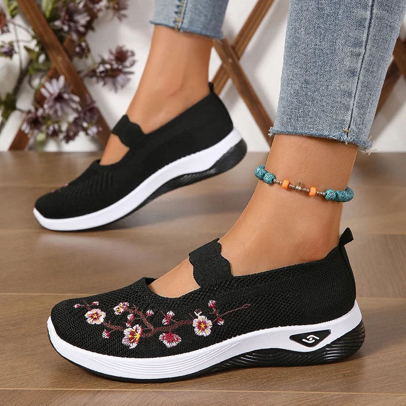 Flower Embroider Stretch Knitted Women Sneakers Mesh Breathable Wedge Female Shoes Summer Slip On Wear-resistant Flats