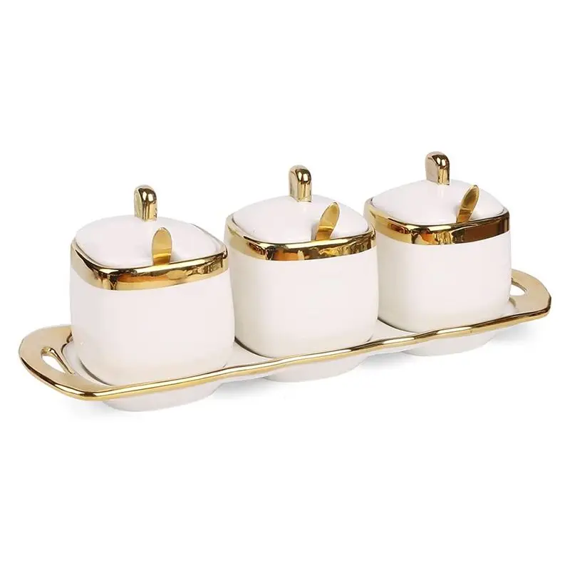 

ABHZ-3Pcs Condiment Pots Porcelain Sugar Bowls Decorative Gold Salt Containers Pepper Boxes Kitchen Spice Jars