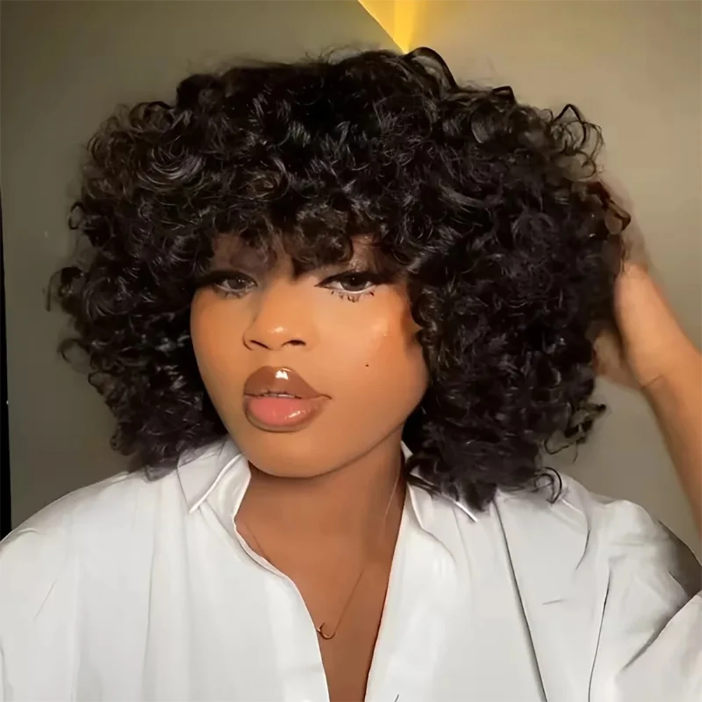 

Готовый к носке парик Funmi Curly Short Bob с челкой, без клея, из вьетнамских натуральных волос, с объемными кудрями, для женщин, полностью машинной работы