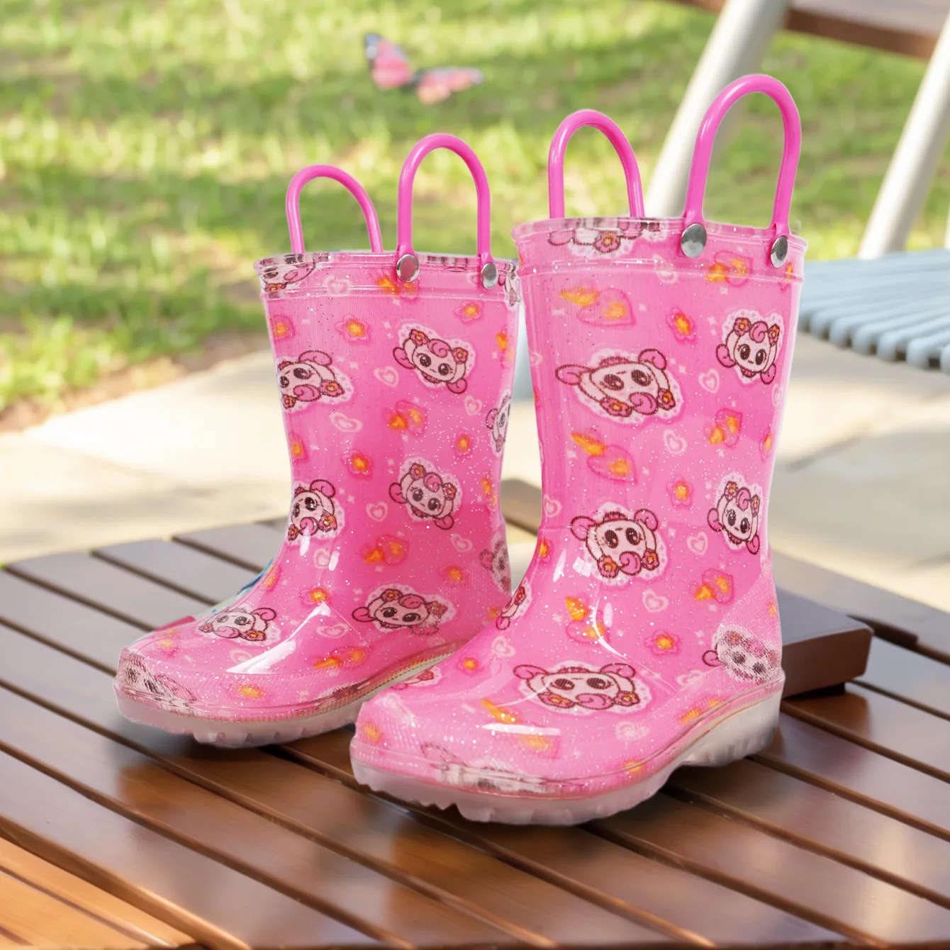 

Cute Kids Rain Boots Pink Heart Handle Waterproof Anti-Slip Toddler Rain Shoes for Little Girls