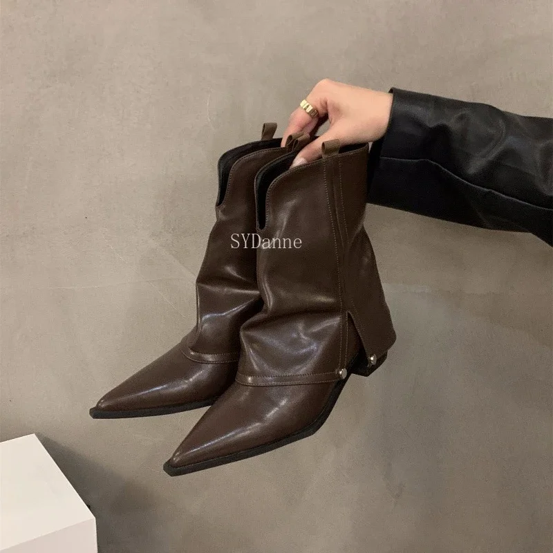 2024 New Spring Autumn Chunky Heel Pointed Toe Boots Short Boots Women\'s Shoes Brown Cowboy Boots Goth Shoes Ladies Shoes