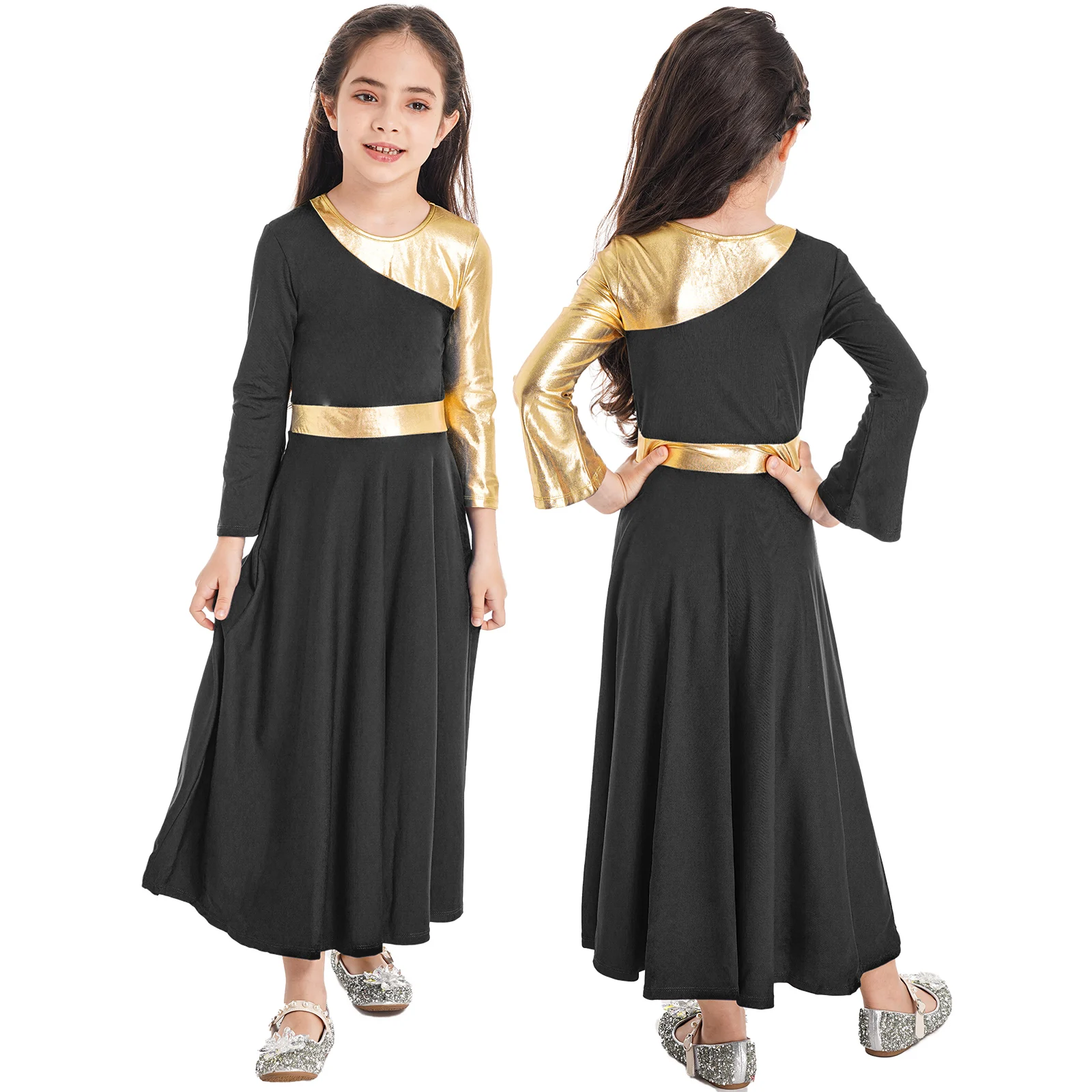 Kids Girls Ballroom Lyrical Dance Dress Church Choir Worship Stage Performance Costume Long Sleeve Loose Maxi Gown Dancewear