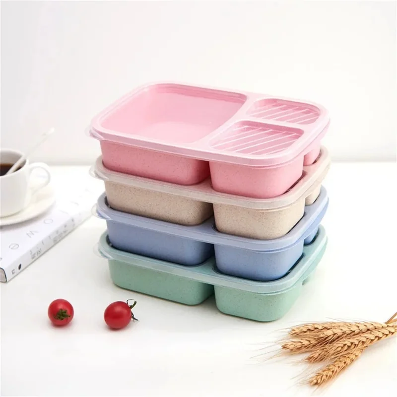 1-3pcs Bento Lunch Box Set 3 Compartment Food Storage Containers Wheat Straw Meal Prep Lunch Box Plastic Food Storage Container