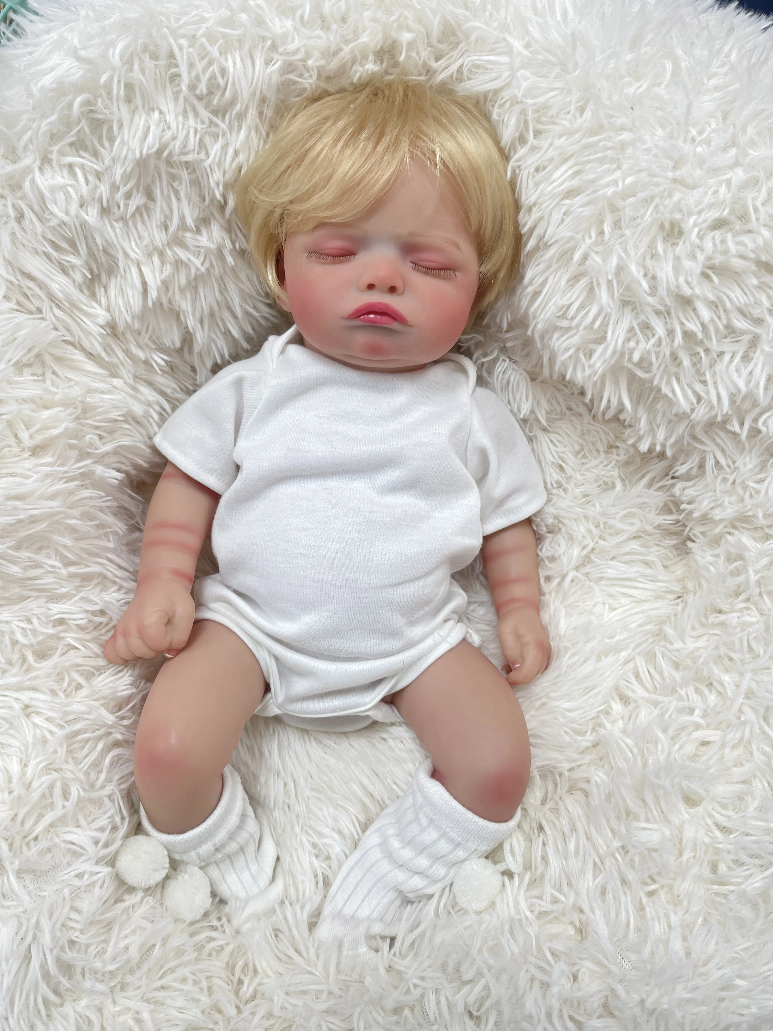 45CM Rosalie Cloth Body/Full Vinyl Body Already Painted Finished Sleeping Reborn Baby With Visible Veins and Hand Rooted Hair