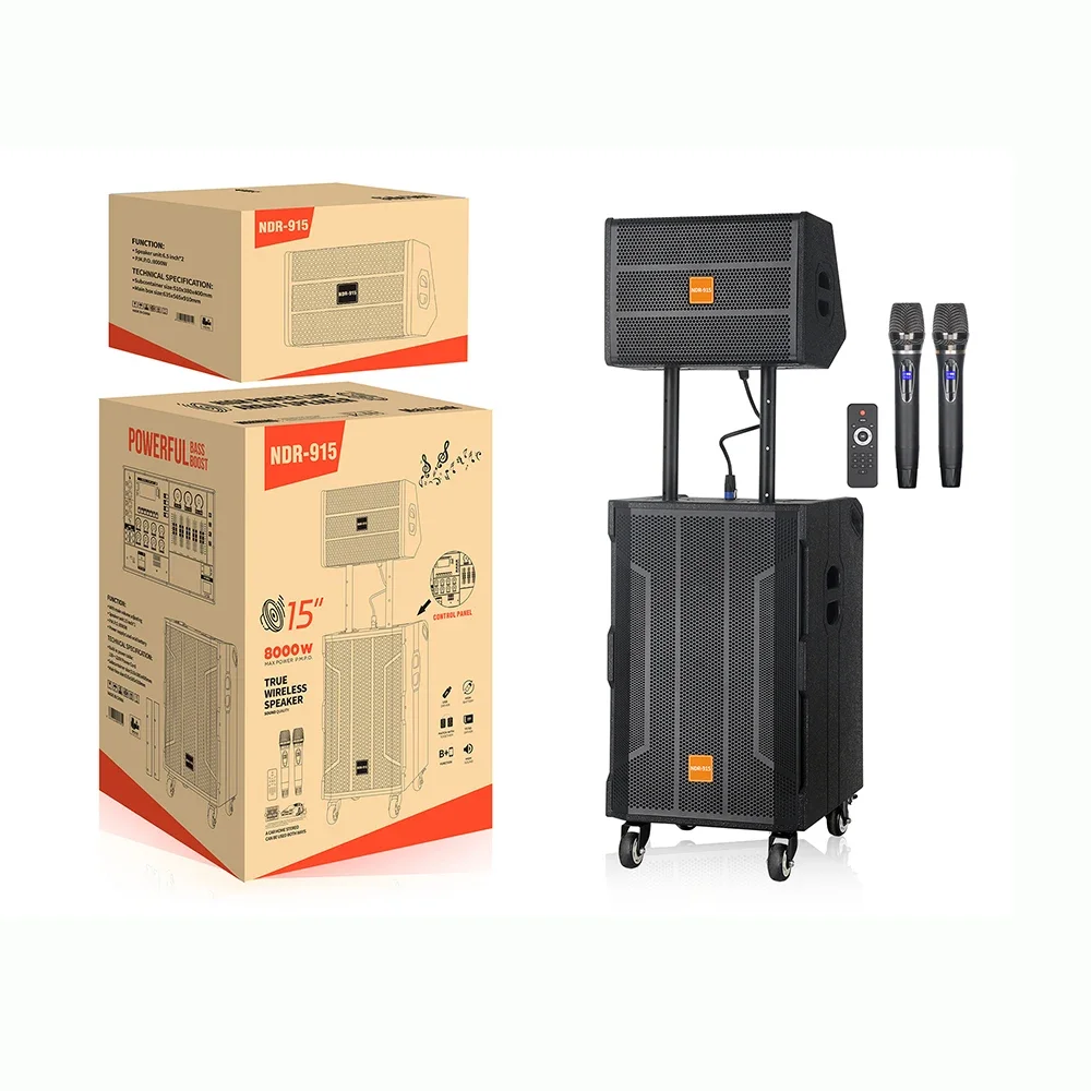 

NDR-915 High Power 15 Inch DJ Speaker RGB LED Lighting Wireless Microphone Mini Wooden Square Dance Cart for Stage Use