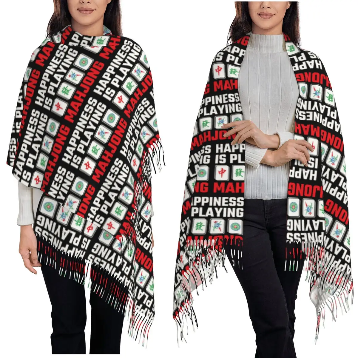 Happiness Is Playing Mahjong Tiles Party Game Scarf Tassel Scarves for Women Soft Shawls and Wraps Long Fall Winter Shawl Wrap