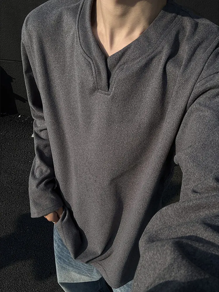 V-Neck Long Sleeve Base Shirt T-Shirt Men's Autumn High-End Feeling Velvet Inner Wear American Style Versatile Overhead Top
