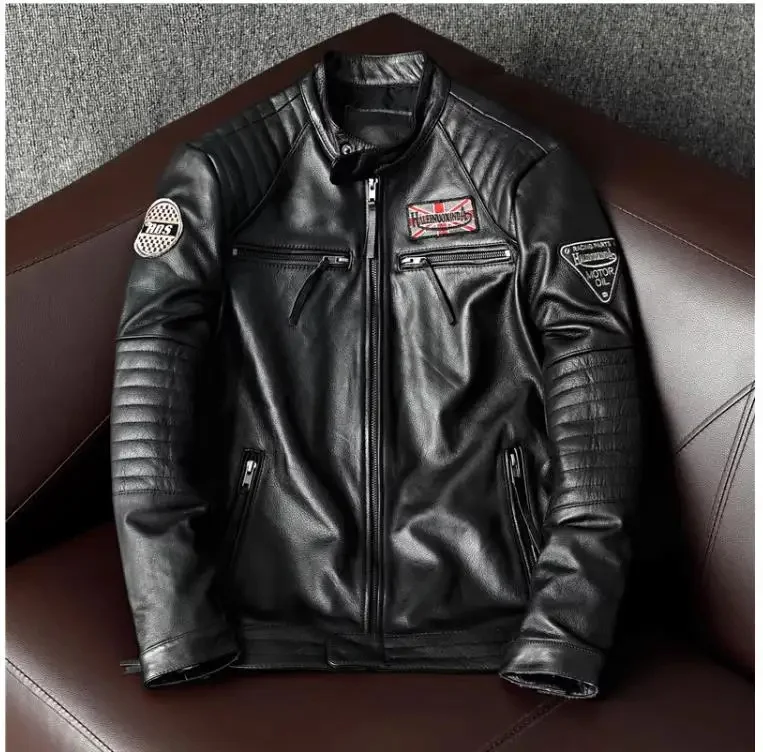 Shop,Biker moto Asian size men's quality genuine leather Jacket slim natural cowhide coat.Casaco de couro genuíno Cool