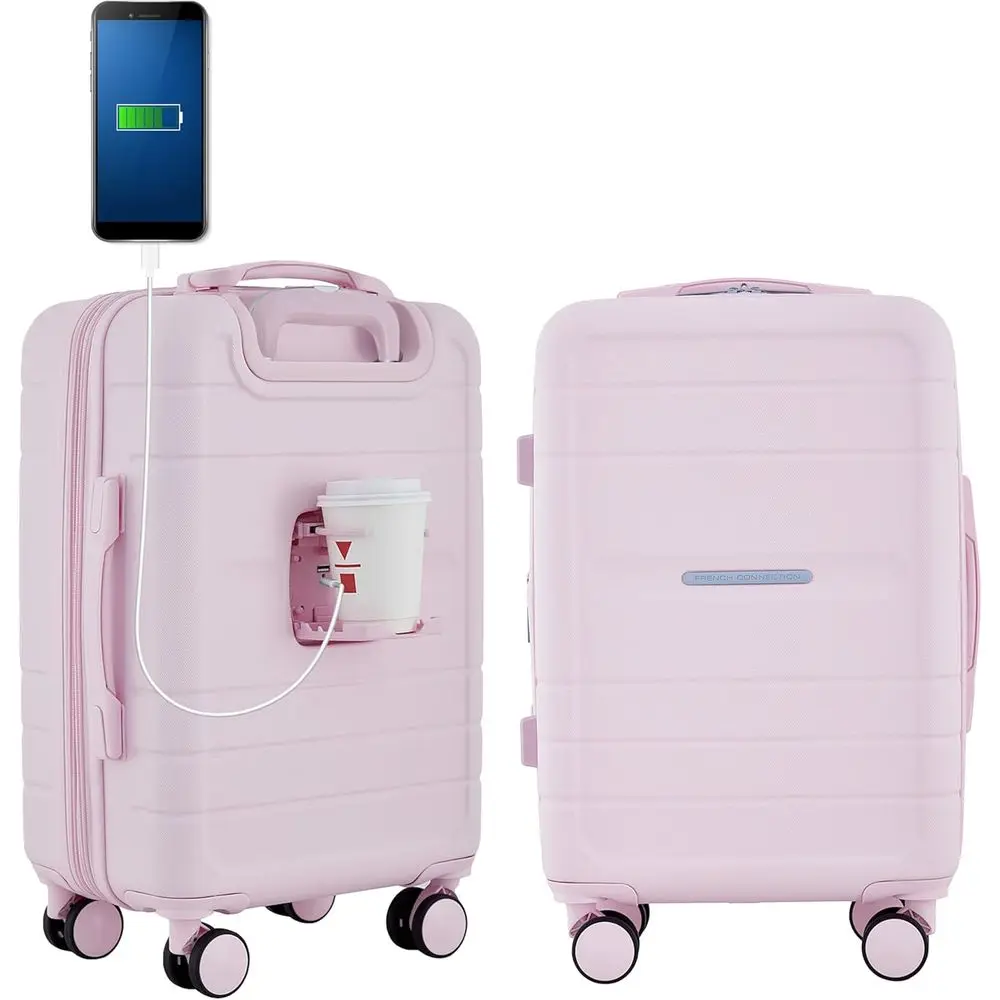 

Portable Pink Carry-On Luggage with Cup Holder & USB Ports