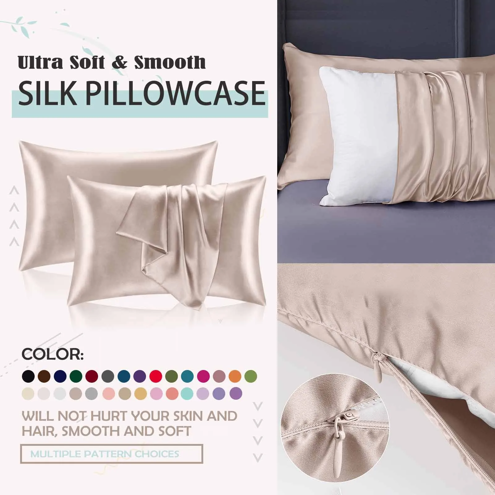 Silk Pillowcase Hidden Zipper Solid Multicolour Satin Pillow Cover Smooth Skin Hair Care Bed Pillow Slip Soft Bedroom Decor