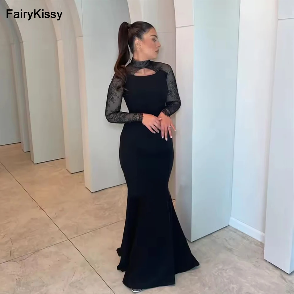 

FairyKissy Black High Neck Mermaid Evening Dress Long Sleeves Lace Women's Formal Occasion Dress Sheath Party Prom Gowns
