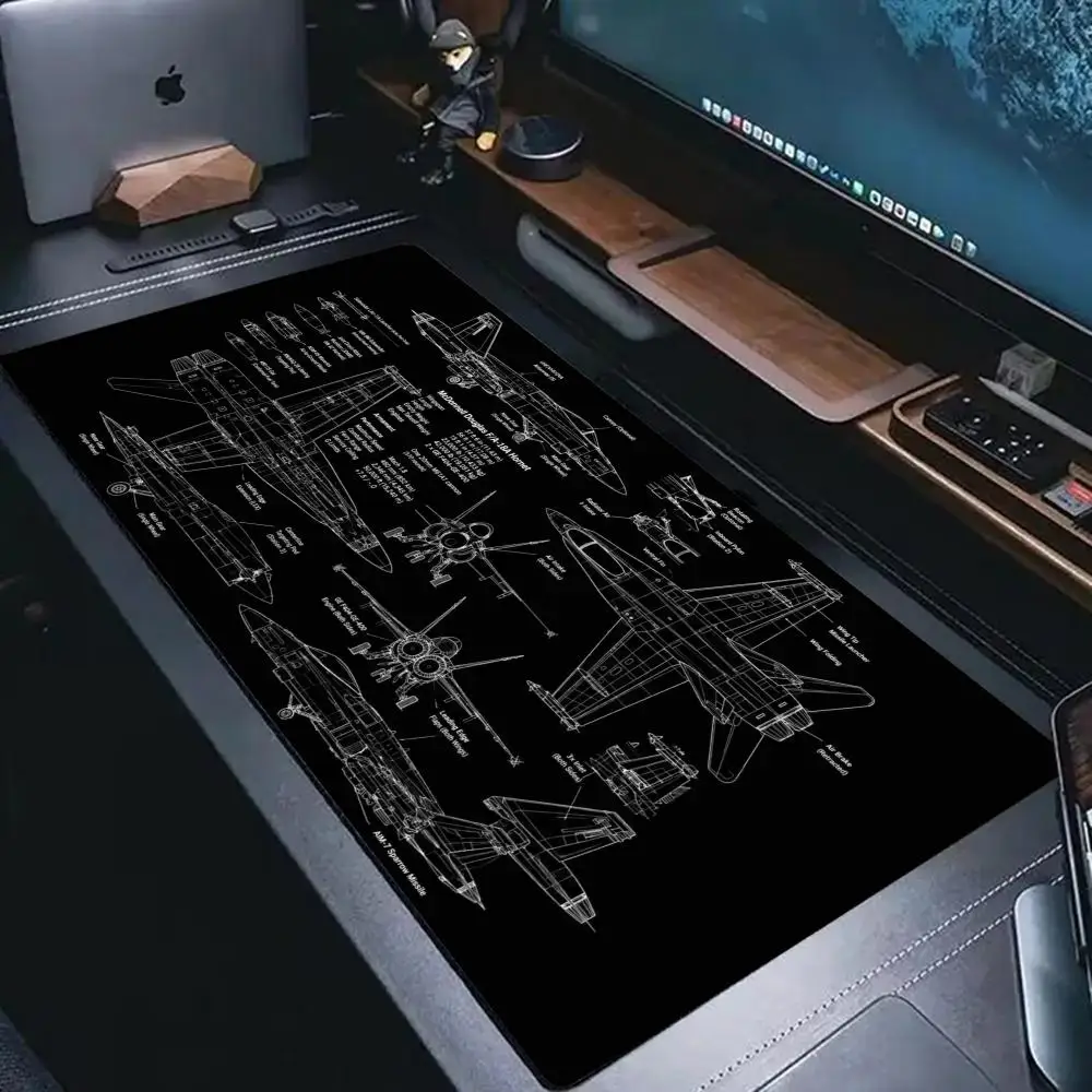 Large Aviation Blueprint Mousepad Vintage Fighter Jet Mousepads Keyboard Mat Deskpad Desk Mats Non-Slip Rubber Mouse For Gamer