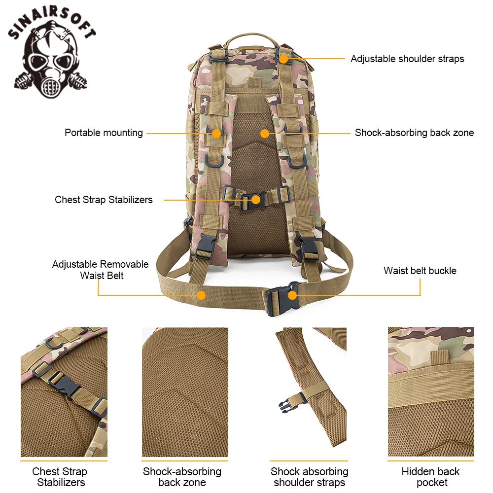 30L Field Survival Hiking Backpack 3P EDC Molle Pack Outdoor Sport Camping Backpack Multifunctional Hunting Fishing Back Pack