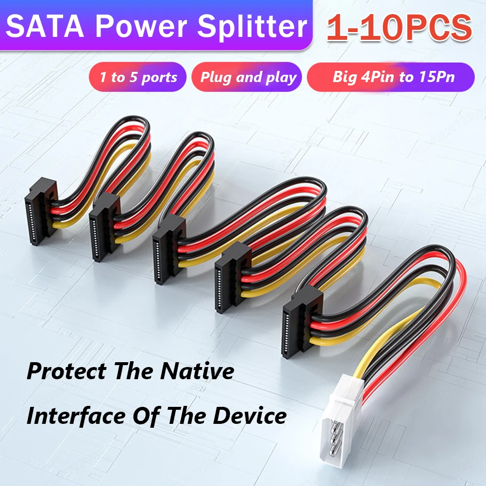 SATA 3.5/2.5 inch 1 to 5 SATA Hard Drive Power Supply Splitter Cable Cord 4 Pin to 15 Pin SATA Power Adapter for BTC Mining Rig