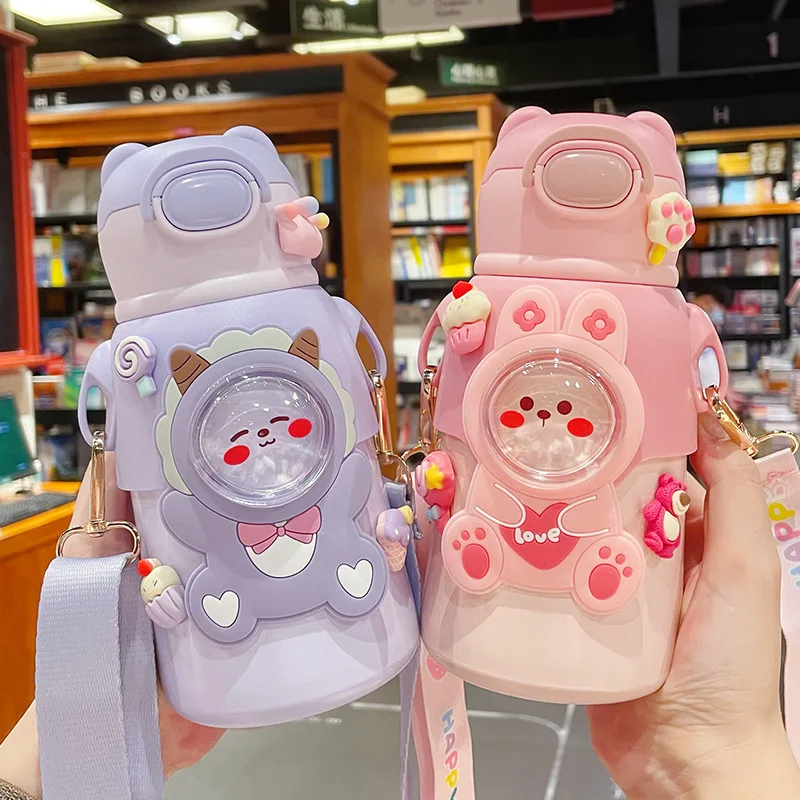 500ml Cute 3D Bear Rabbit Kids Insulated Water Bottle with Straw, Portable Stainless Steel Thermos with Strap