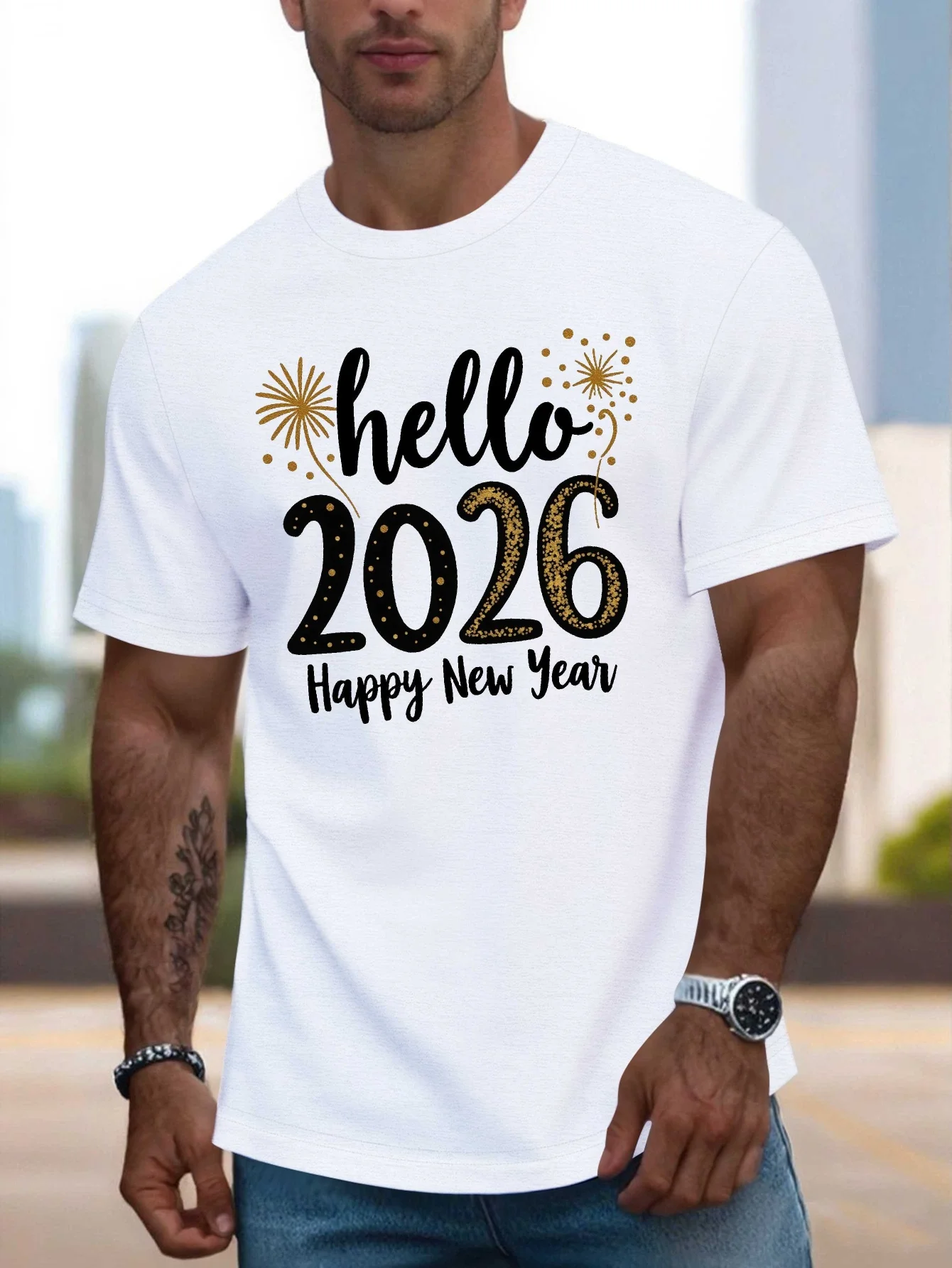 

Hello 2026 New Year Graphic Men's Cotton T-Shirt Crew Neck Casual Summer Trip Tee