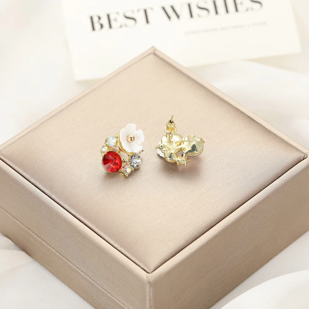 Cute Small White Flower Stud Earrings for Women Red Grey Blue Purple Round Rhinestones Earrings Trendy Sweet Jewelry Gift