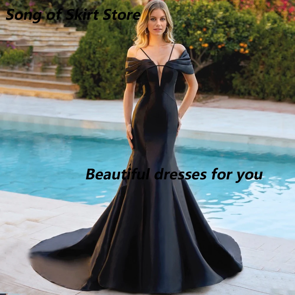 

Wedding Party Dresses Customized Spaghetti Straps V-Neck Satin Mermaid Black Long Evening Dress Off Shoulder Backless Prom Gowns