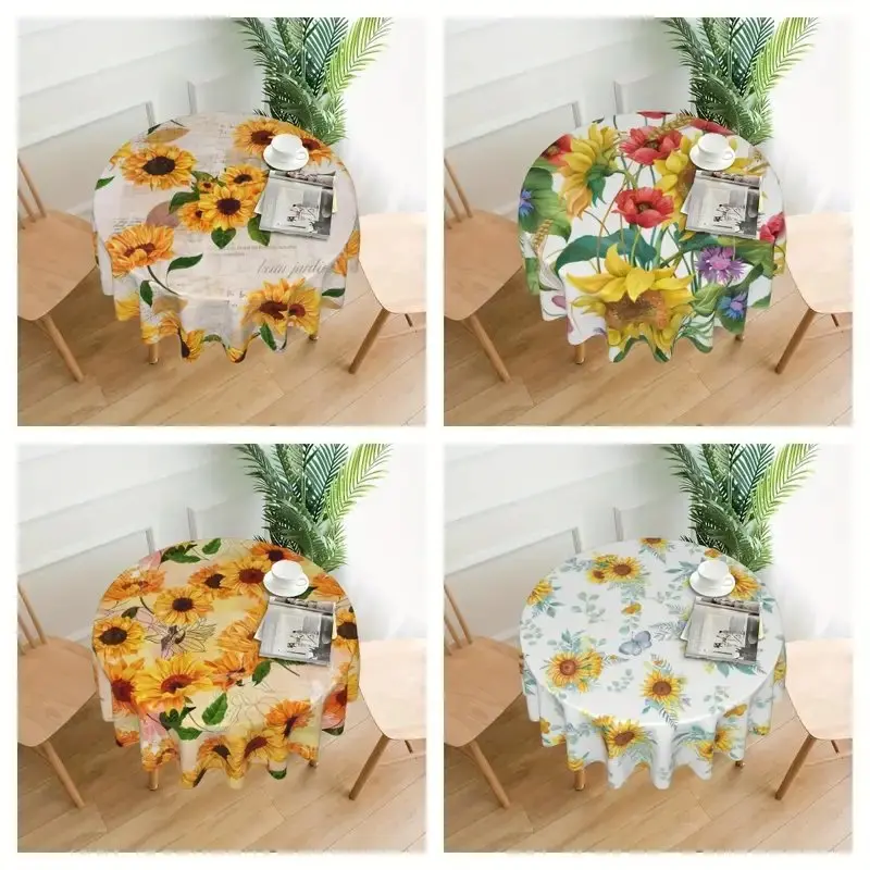 1PC Sunflower Round Tablecloths, Summer Style Vintage Bohemian Table Cover, Stain Resistant And Waterproof, Wrinkle Resistant Ta