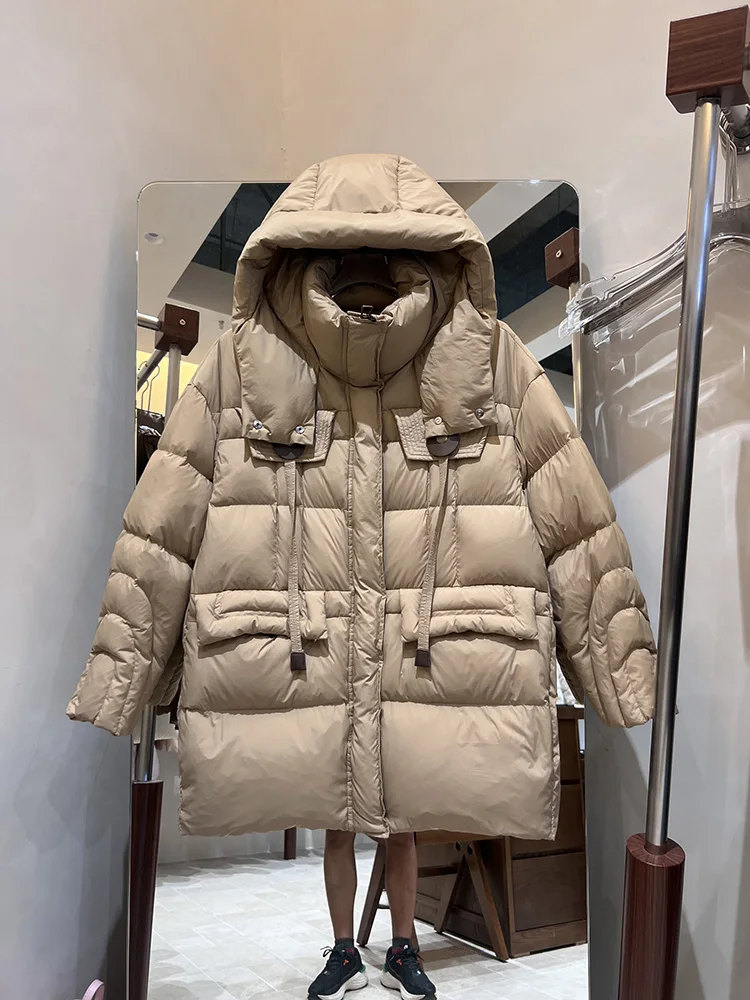 النسخة الكورية مقنعين الرباط سميكة أسفل سترة 2025 شتاء جديد إمرأة متوسطة إلى طويل الأبيض بطة أسفل معطف العصرية #5