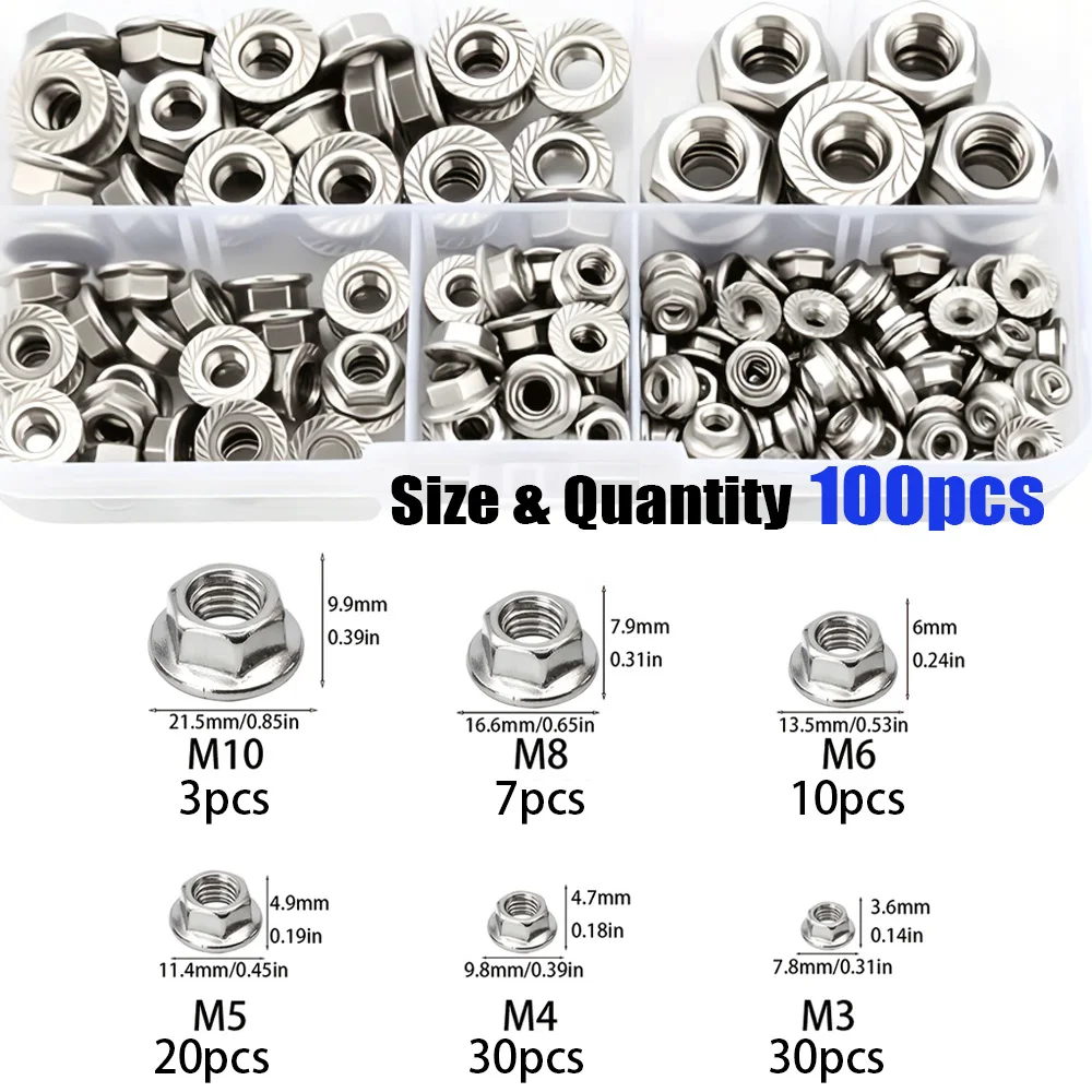 100-Piece Stainless Steel Hexagonal Flange Nut Set M3-M10, for Maintenance of Mechanical Parts and Home Outdoor Construction.