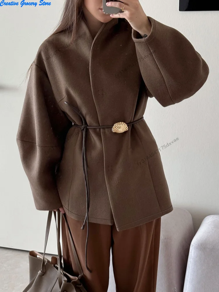Schicker Damen-Wollmantel in Uni-Farbe, elegant, mit langen Ärmeln, Taillenband, locker geschnitten, modisch für den Alltag, ideal für den Herbst, für Pendlerinnen und den Alltag.