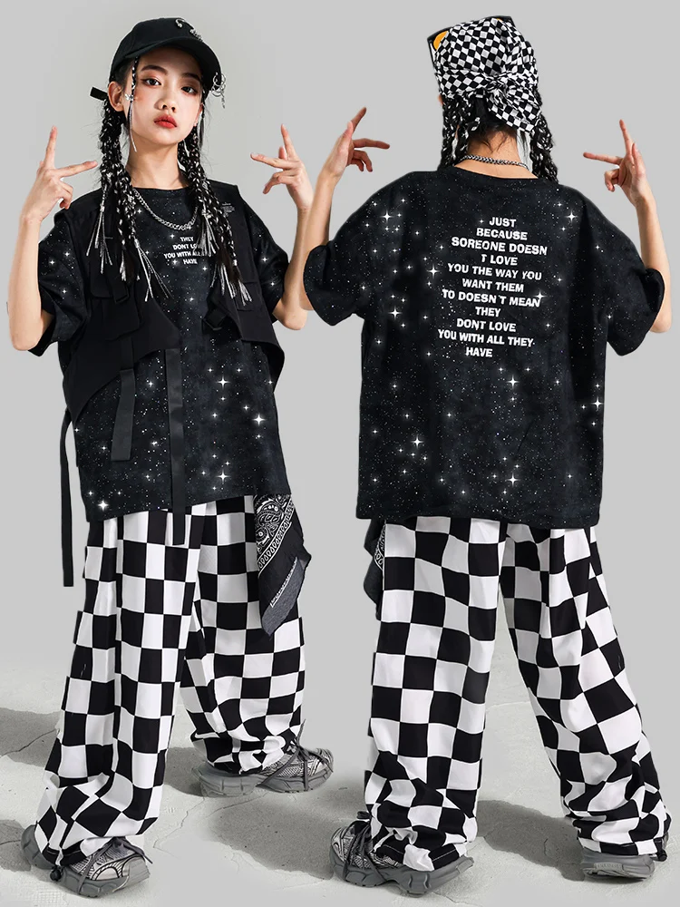 

Children Hip Hop Dance Cothes Black T Shirt Checked Pants Boys Baggy Street Wear Girls Summer Modern Dance Stage Costume BL15593