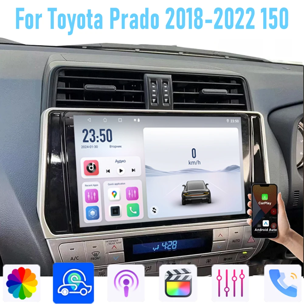 10'' For Toyota Prado 2018-2022 150 Car Radio Stereo Wireless Apple Carplay Android 15 Auto GPS Camera Google Map Head Unit WIFI
