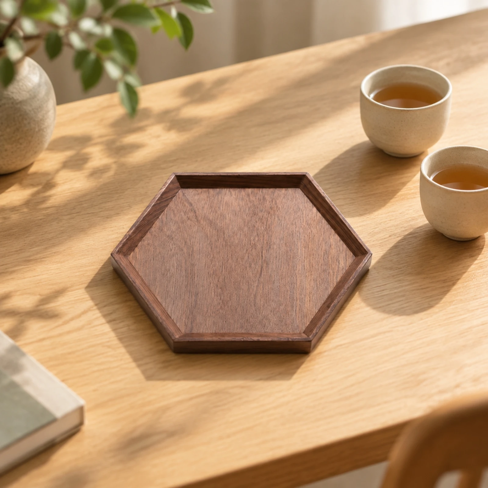 Black Walnut Serving Tray Natural Wood Grain Hexagonal Wooden Serving Tray Dark Brown Finish Multipurpose