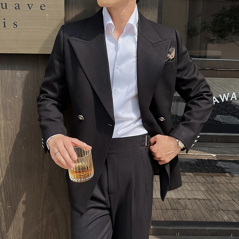 (Jackets+Pant)Fashion Double Breasted Design Men Suit Italian Style Luxury Elegant Business Social Wedding Dress Thick Suit 2Pcs