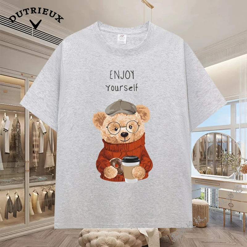 

2024 New Luxury Bear Short Sleeved Men's and Women's Loose 230g Fabric weight Cotton Versatile Round Neck Breathable Inner Layup