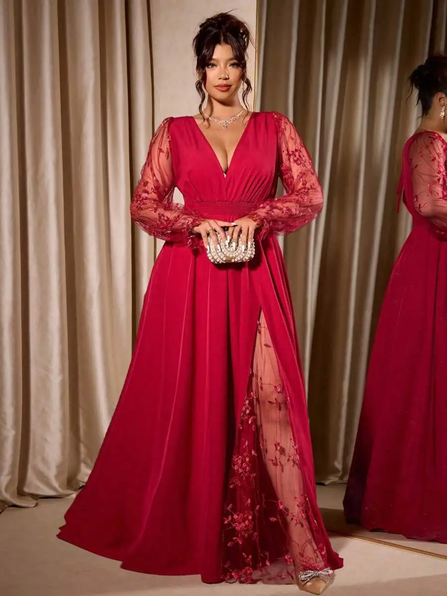 

Elegant Deep V-Neck Lace Patchwork Maxi Dress with High Slit and Long Sleeves