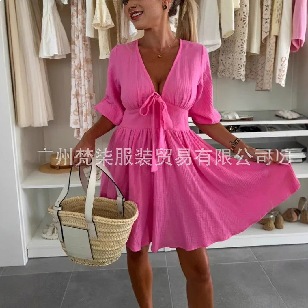 

Solid Color V Neck Tie Casual Cotton Linen Dress Dresses Spring Summer Short Jumpsuit Playsuit