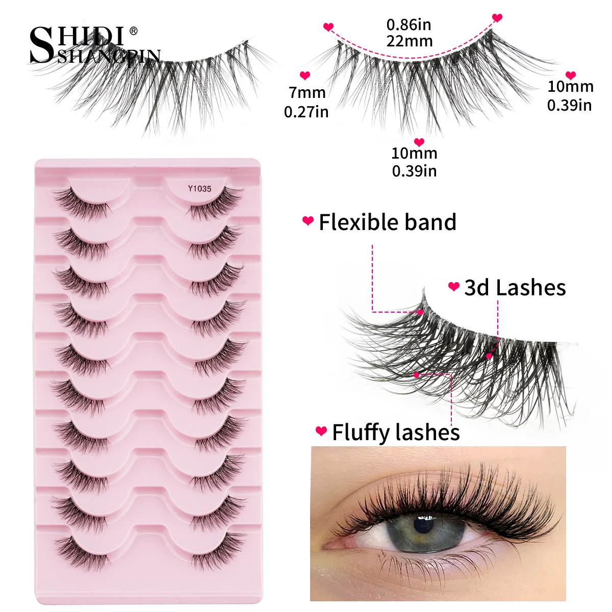 Ciglia Finte a Metà Lunghezza 5/10 Paia, Aspetto Naturale, Effetto Occhio di Gatto, Estensione Ciglia con Banda Trasparente