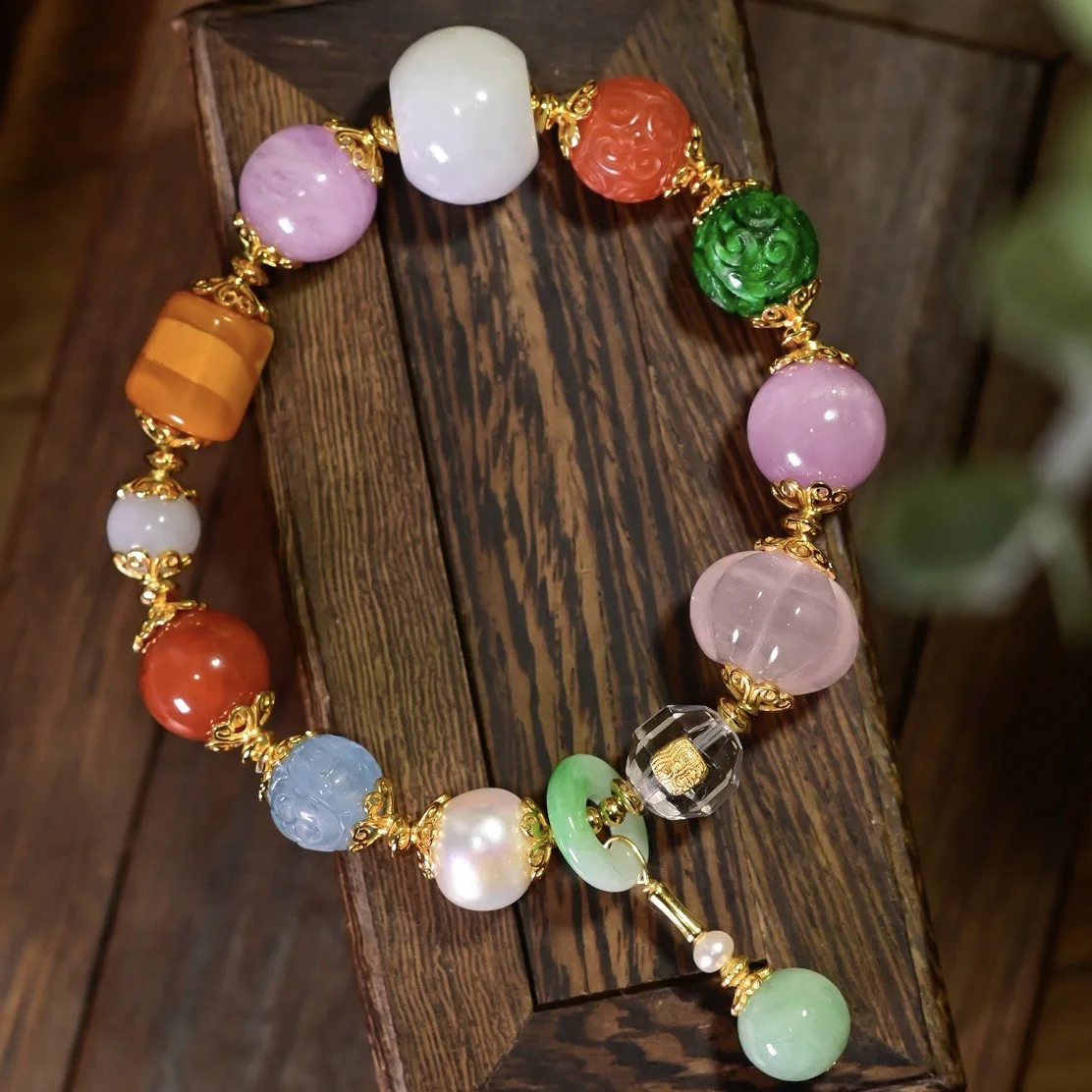 

Natural Multi-gemstone Beaded Bracelet with Jadeite Agate Amber Pearl Kunzite Rose Quartz Aquamarine 925 Silver Gold Plated