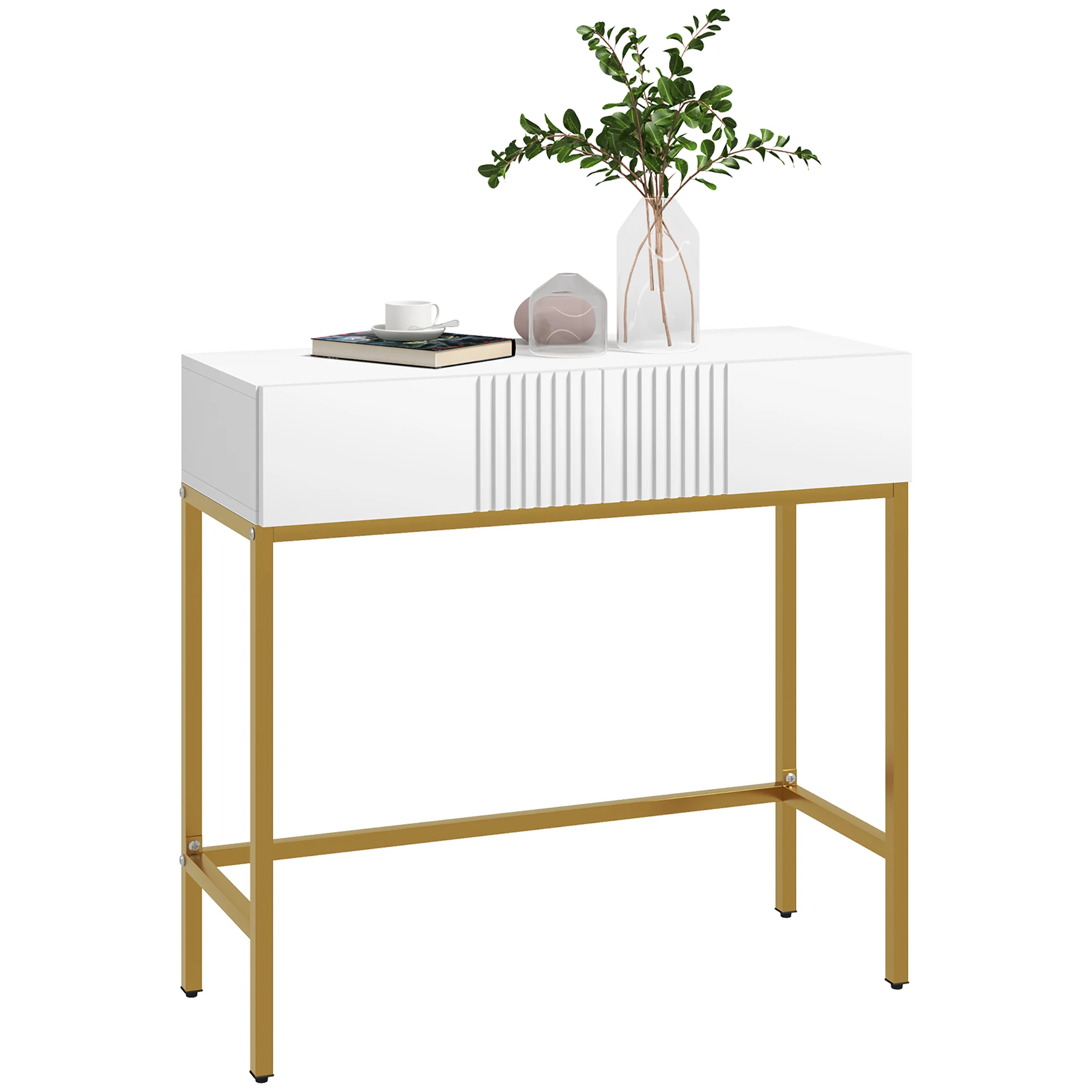 HOMCOM Mesa Consola Moderna con 2 Cajones y Patas de Acero 80x31,5x75 cm Blanco