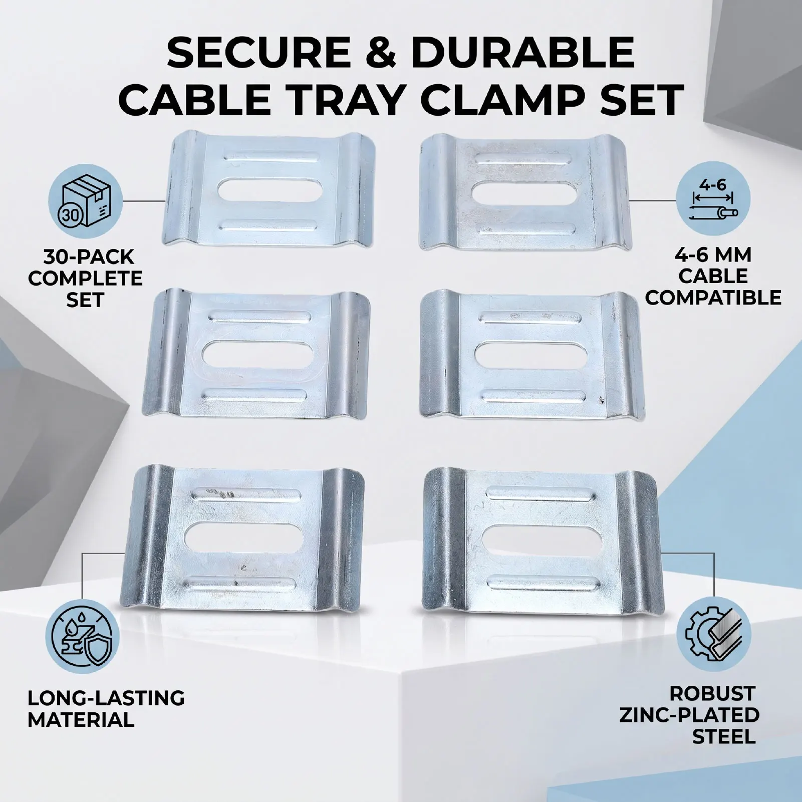 30 Pack Hold Down Clamps for Cable Tray Metal Wire Mesh Cable Tray Clamps for 4-6mm Diameter Cable Trays Zinc Plated Carbon