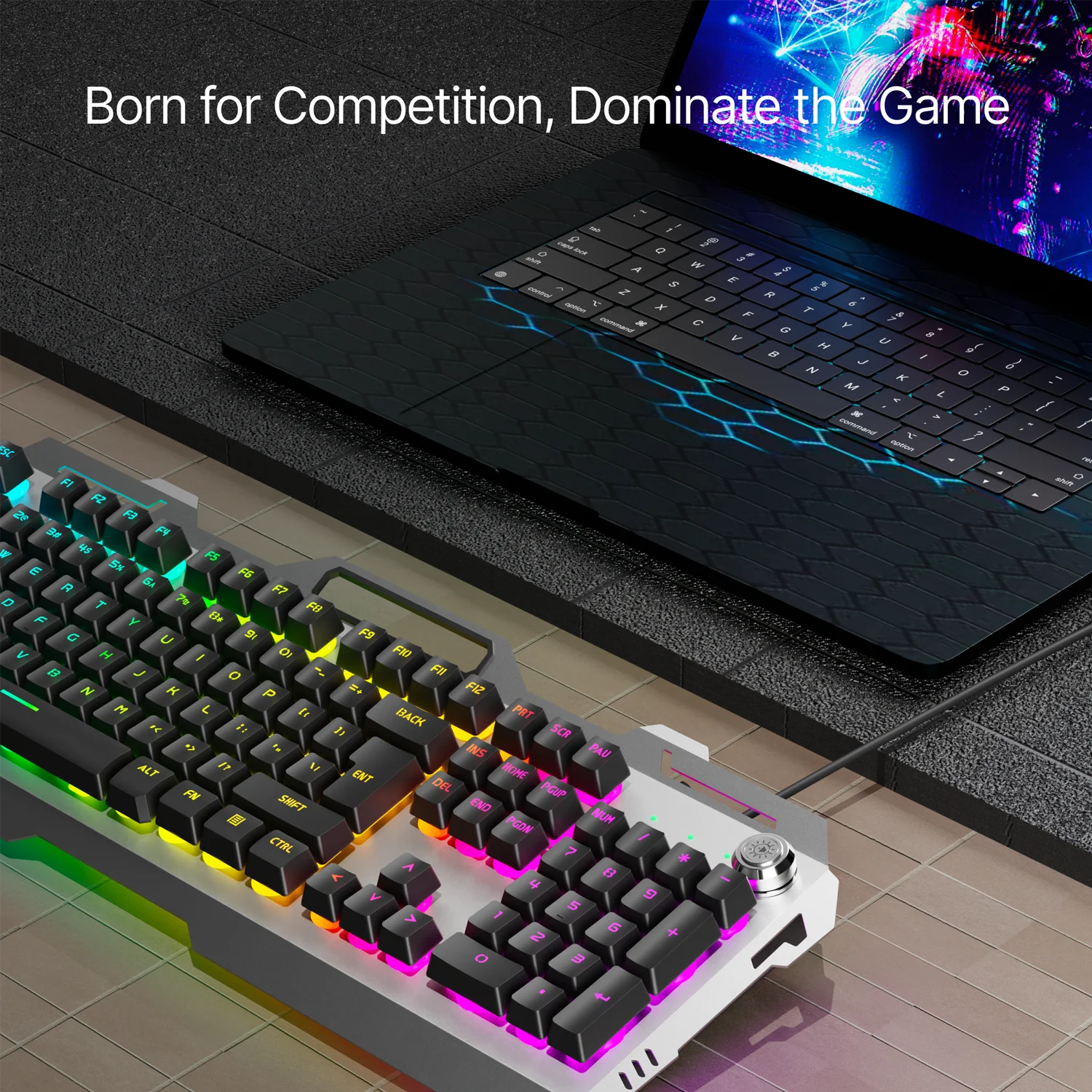 EWEADN لوحة مفاتيح الألعاب الصامتة، 104 مفاتيح بإضاءة خلفية LED، لوحة معدنية بالكامل USB سلكية، مقبض الوسائط المتعددة، المكتب، المنزل، الكمبيوتر المحمول/سطح المكتب