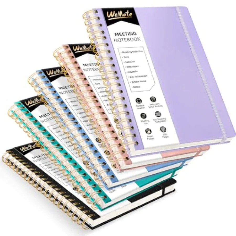 

5 Pack Meeting Notebooks for Work 7"x10" 200 Pages PU Leather Notebook with Action Items and Note For Staff and Students Meetin
