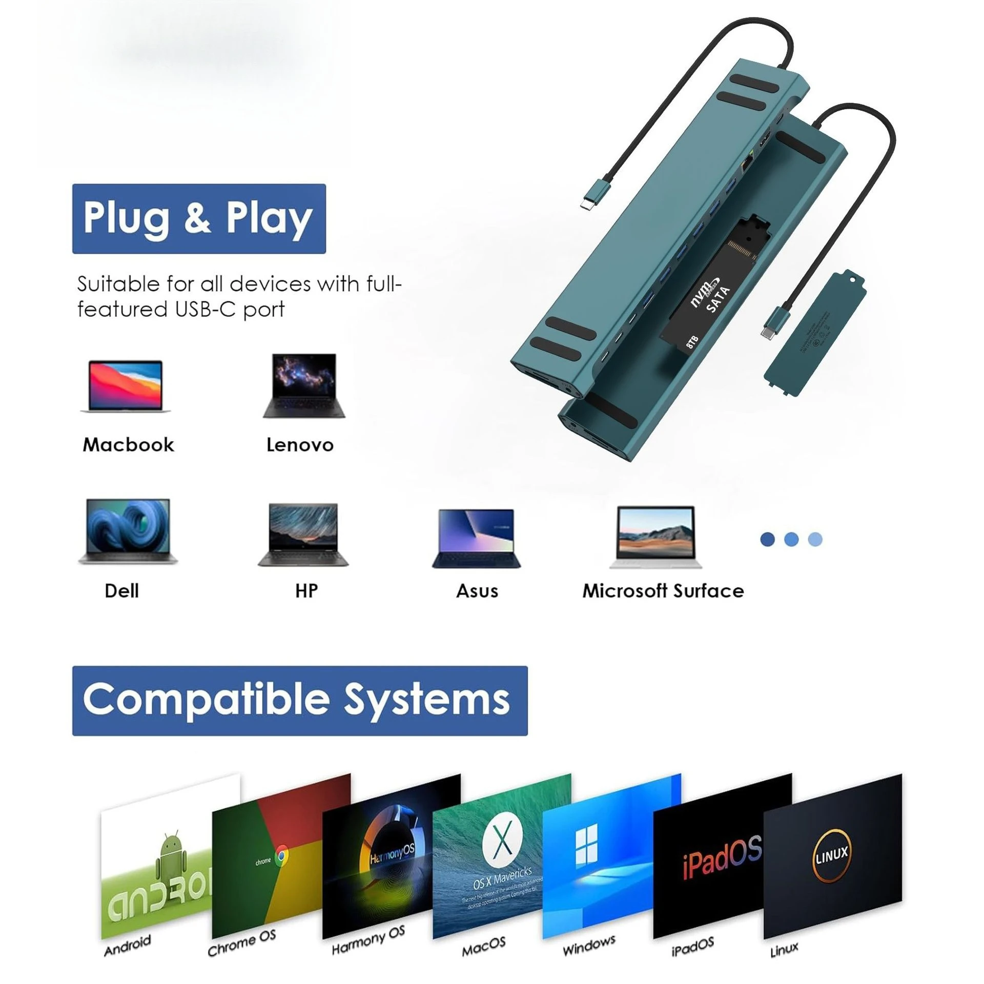 محطة إرساء متعددة الوظائف 16 في 1 مع حاوية محرك الأقراص الصلبة مناسبة لمحطة إرساء قاعدة الكمبيوتر المحمول Mac متعددة الواجهات