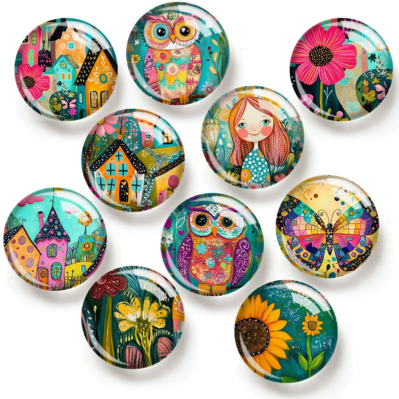 

Colorful Folk Art 12/18/20/25mm glass cabochon bracelet pendant rings for jewelry demo earrings back Making findings