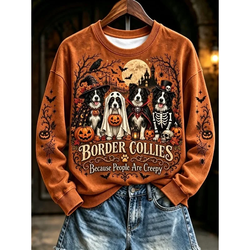 Halloween Border Collie 3D Print Sweatshirt Family Matching Outfits Unisex Spooky Dog Pumpkin Graphic Casual Top for Adults Kids